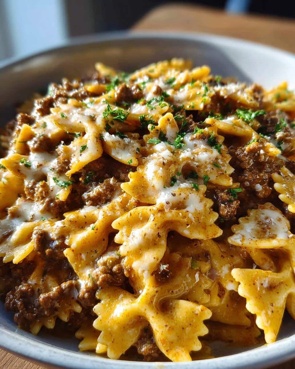 Cajun Cream Cheese Alfredo Bowties with Spiced Ground Beef - detail 1