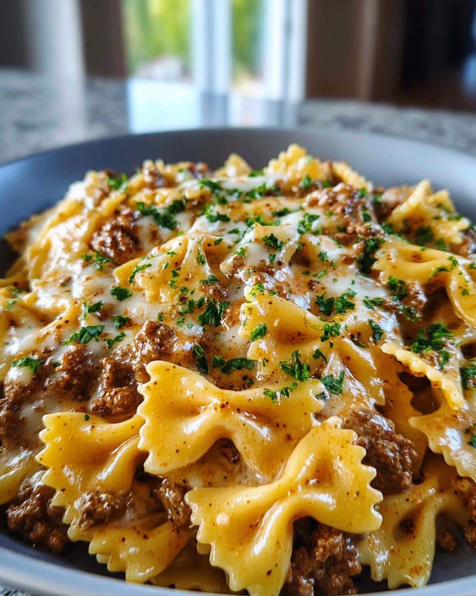 Cajun Cream Cheese Alfredo Bowties with Spiced Ground Beef - detail 2