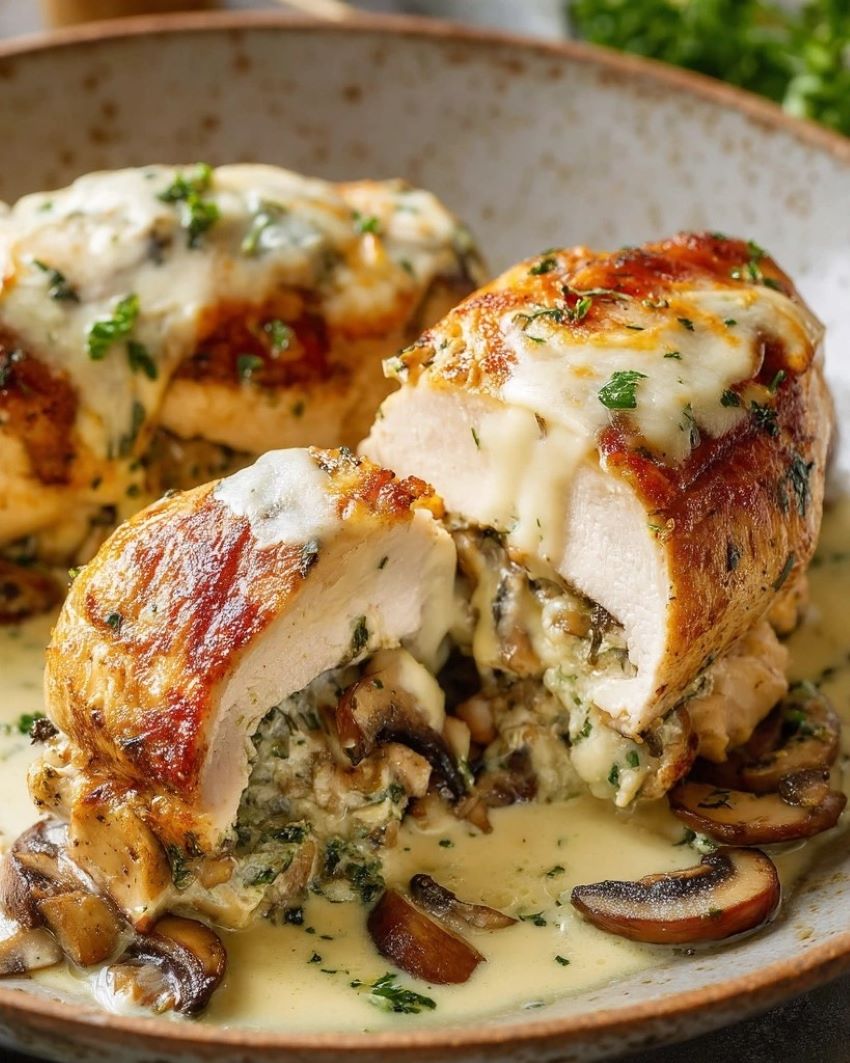 Cheesy Garlic Butter Mushroom Stuffed Chicken
