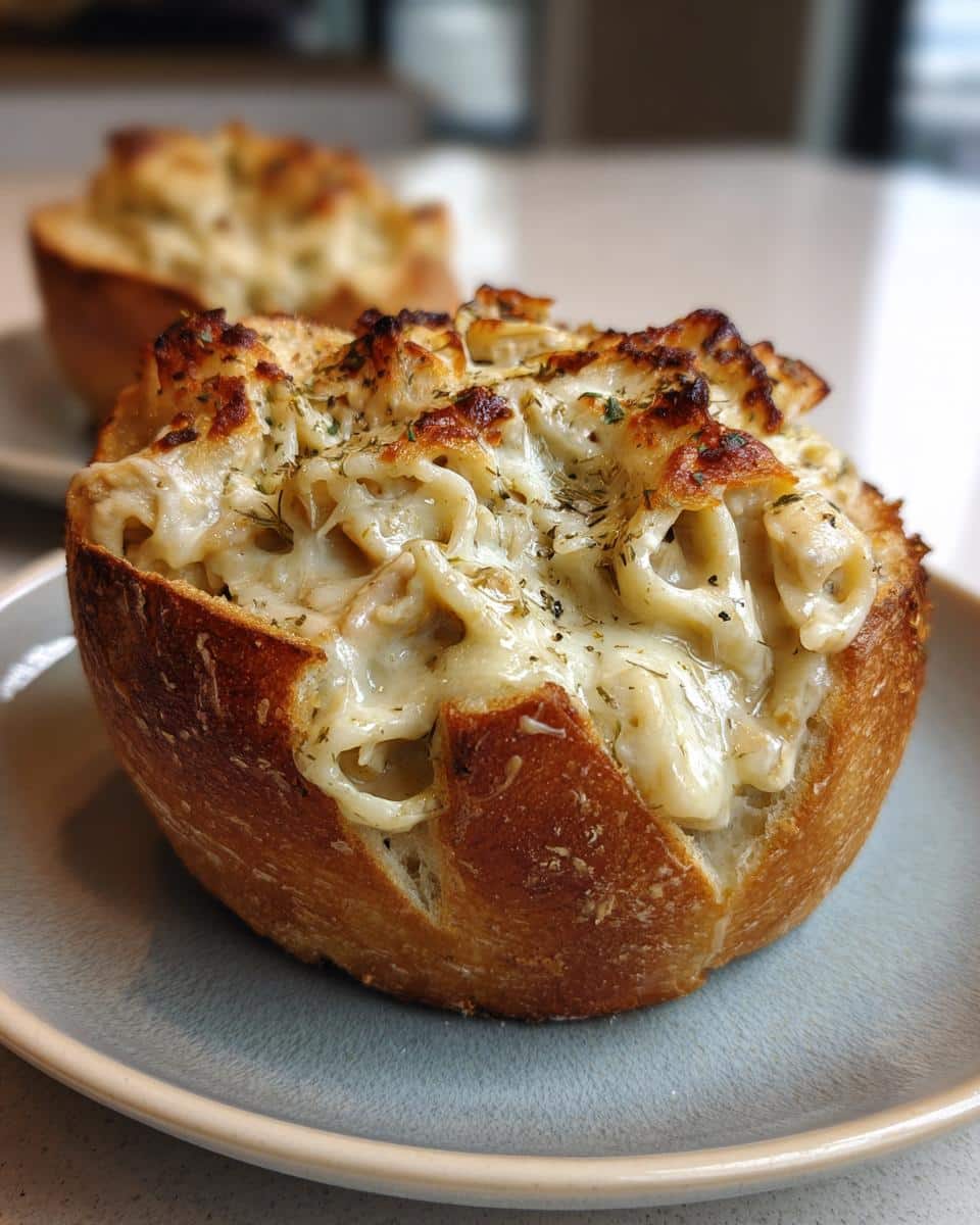 Chicken Alfredo Garlic Bread Bowls