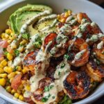 Grilled Shrimp Bowl with Avocado, Corn Salsa & Creamy Garlic Sauce