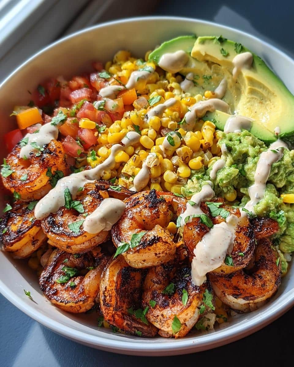 Grilled Shrimp Bowl with Avocado, Corn Salsa & Creamy Garlic Sauce - detail 2