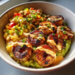 Grilled Shrimp Bowl with Avocado, Corn Salsa & Creamy Sauce