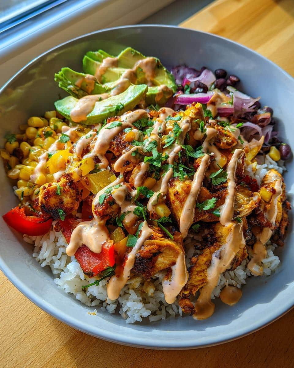 Loaded Chicken Fajita Rice Bowls with Smoky Chipotle Cream