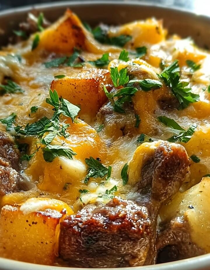 Slow Cooker Steak and Cheddar Potato Casserole