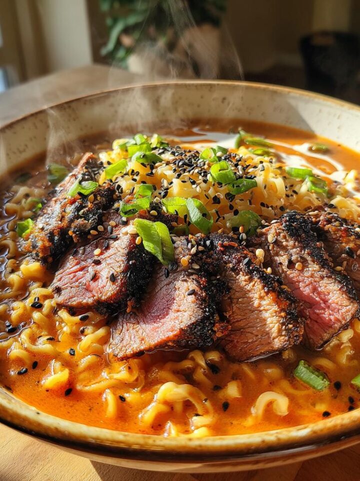 Spicy Korean Ramen with Grilled Beef & Creamy Sauce
