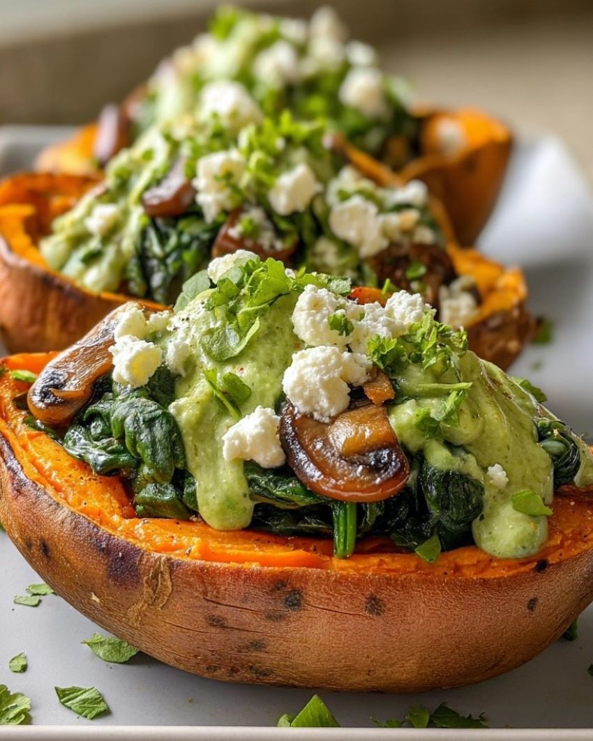 Sweet Potato Boats with Spinach, Mushroom & Feta