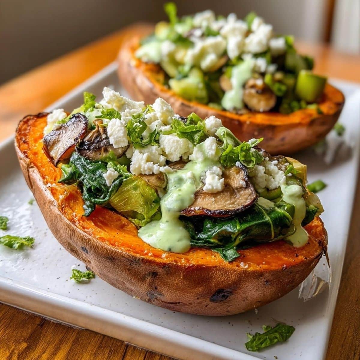 Sweet Potato Boats with Spinach, Mushroom & Feta