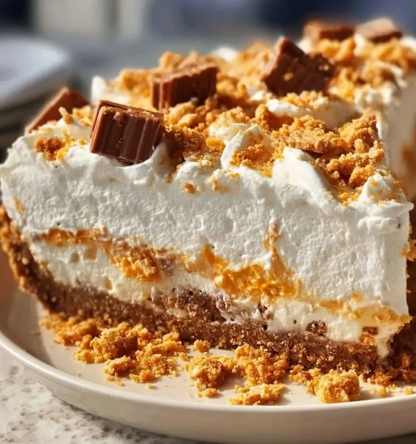 Butterfinger pie with creamy filling and crushed candy topping