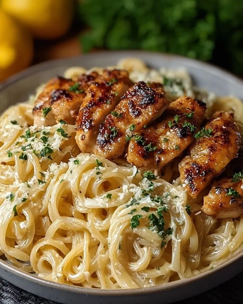 Lemon Garlic Butter Chicken with Creamy Parmesan Linguine