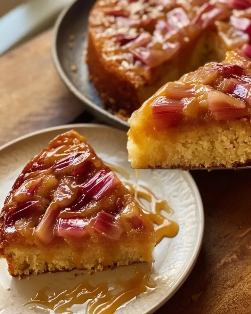Upside-Down Rhubarb Cake with Caramel Swirls